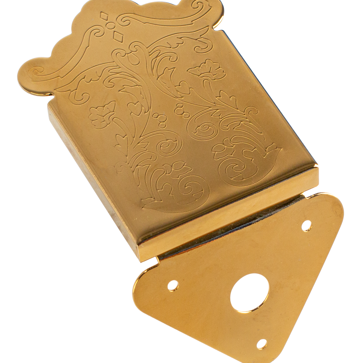 Mandolin Tailpiece with engraved scroll edge cover plate. Gold