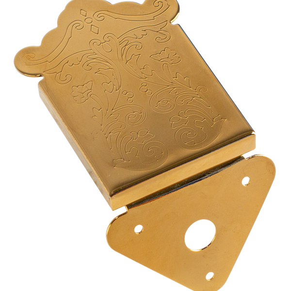 Mandolin Tailpiece with engraved scroll edge cover plate. Gold