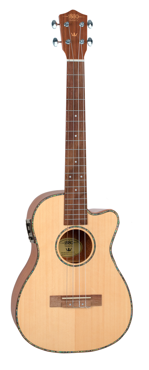 Baritone electric acoustic cutaway ukulele.
