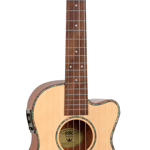 Baritone electric acoustic cutaway ukulele.