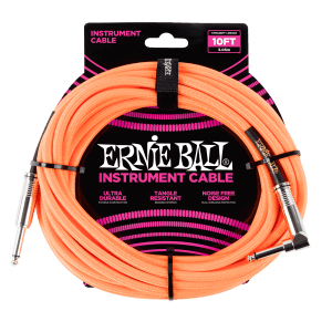 Ernie Ball 3m Braided Straight / Angle Cable, Neon Orange