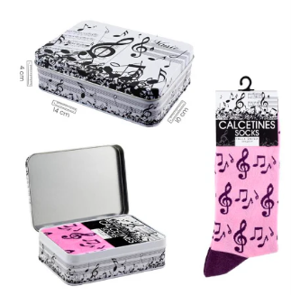 Socks Pink with Black Clefs/Notes plus Tin