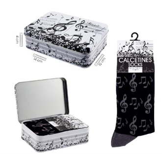 Socks Black with Grey Clefs/Notes plus Tin