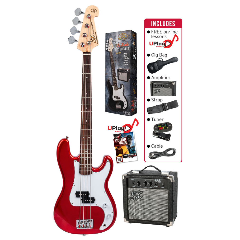 SX Bass Guitar & Amp Package - Candy Apple Red 3/4 Size