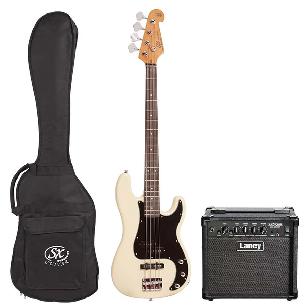 SX Vintage Style Bass Guitar & Amp Package - White