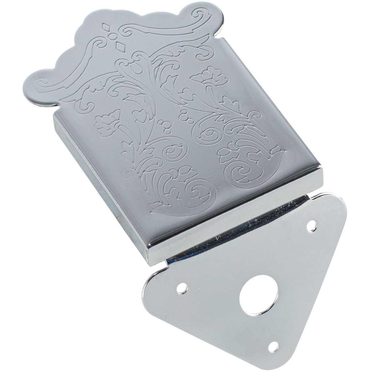 Mandolin Tailpiece with engraved scroll edge cover plate. Silver